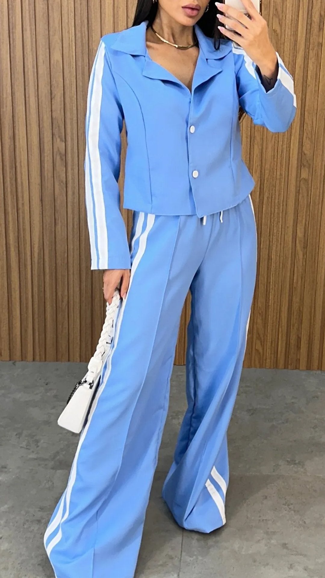 Women's Lapel Long Sleeve Striped Design Casual Suit blue