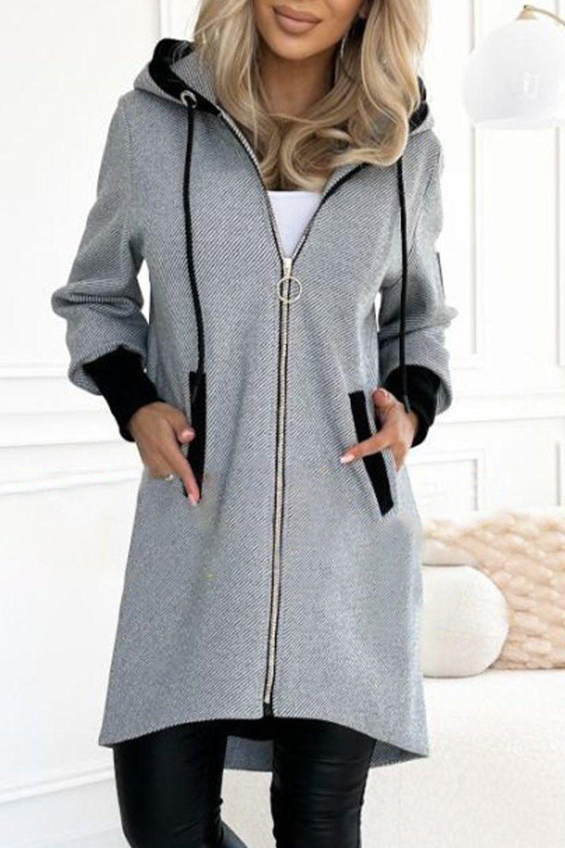 Women's Fashionable Hooded Long-sleeved Casual Coat gray