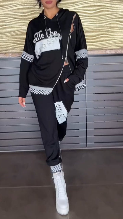 Women's Patchwork Hoodies and Trousers Set black