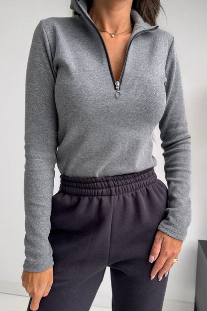 Women's Solid Color Half Zip Top Grey