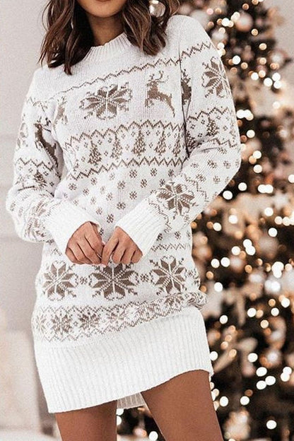 Christmas Elk Snowflake Long Sleeve Sweater white