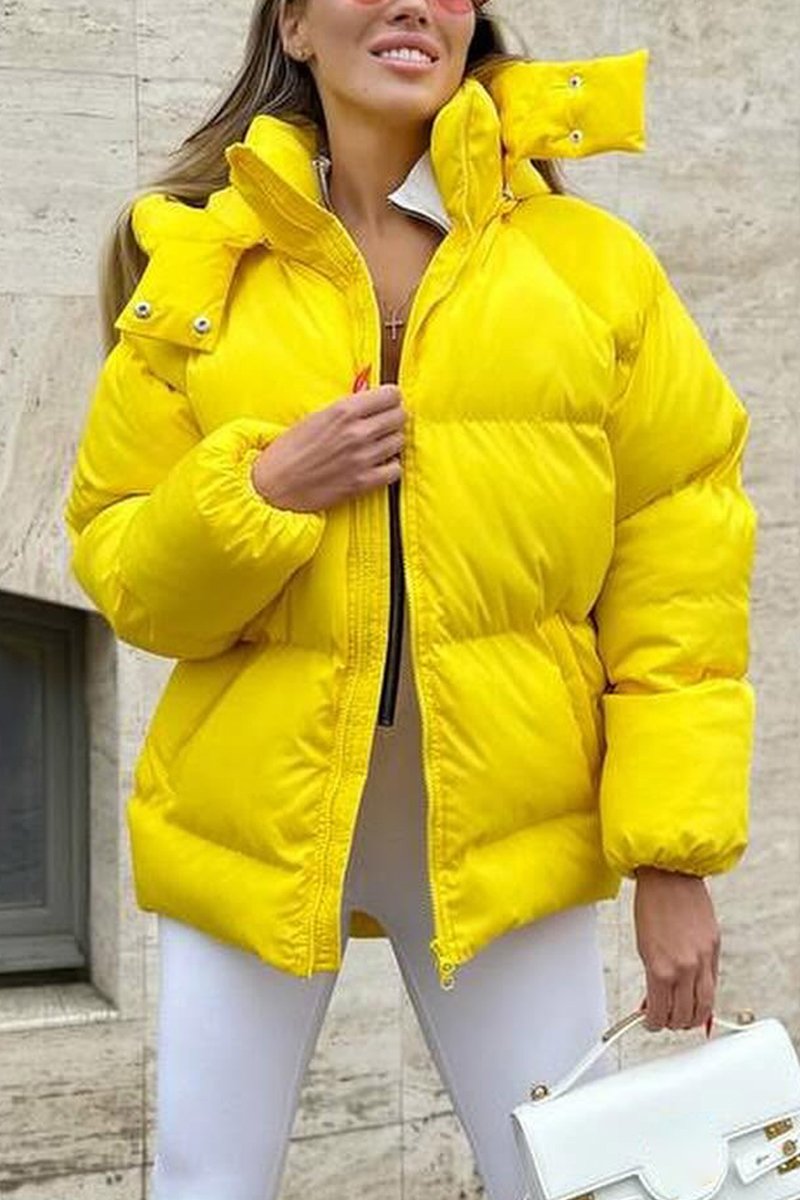 Women's Casual Hooded Solid Color Cotton Coat Yellow