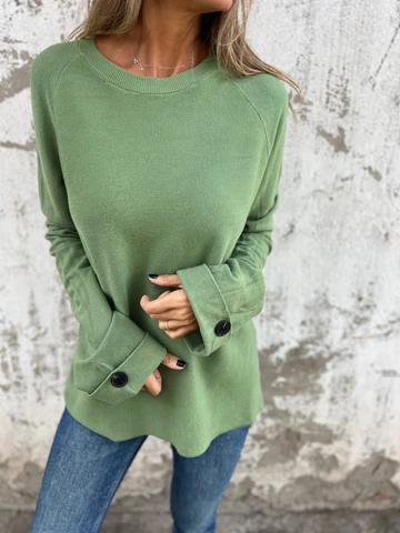 Casual Round Neck Long Sleeve Top green