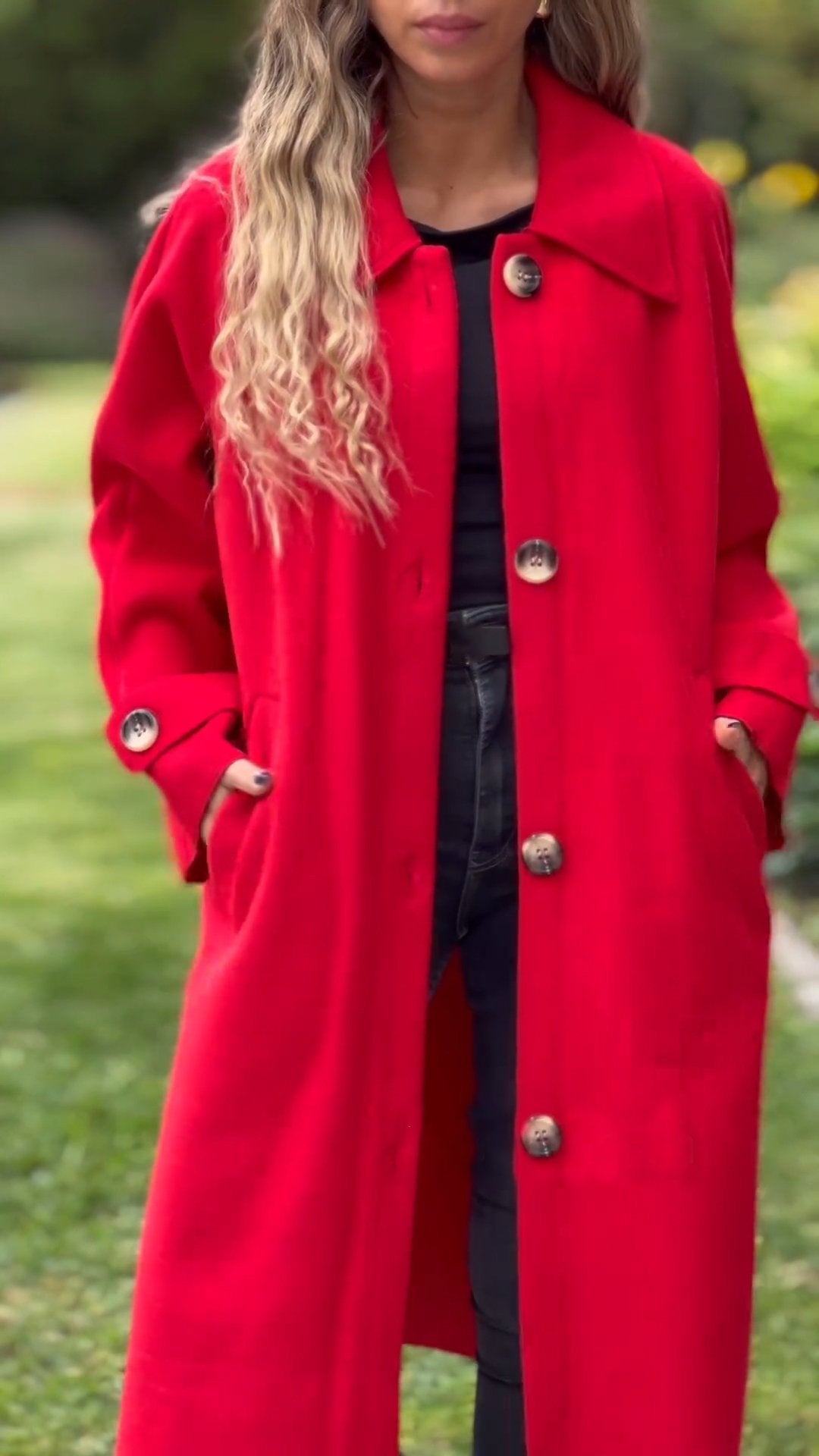 Women's Lapel Long Sleeve Casual Long Coat red