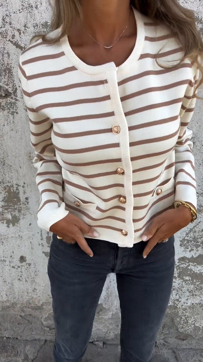 Round Neck Long Sleeve Striped Knit Top brown