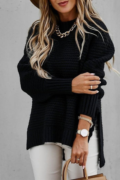 Women's Half-high Collar Solid Color Side-slit Knitted Sweater black