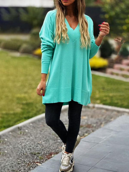 Women's V-neck Casual Loose Sweater Top Bule