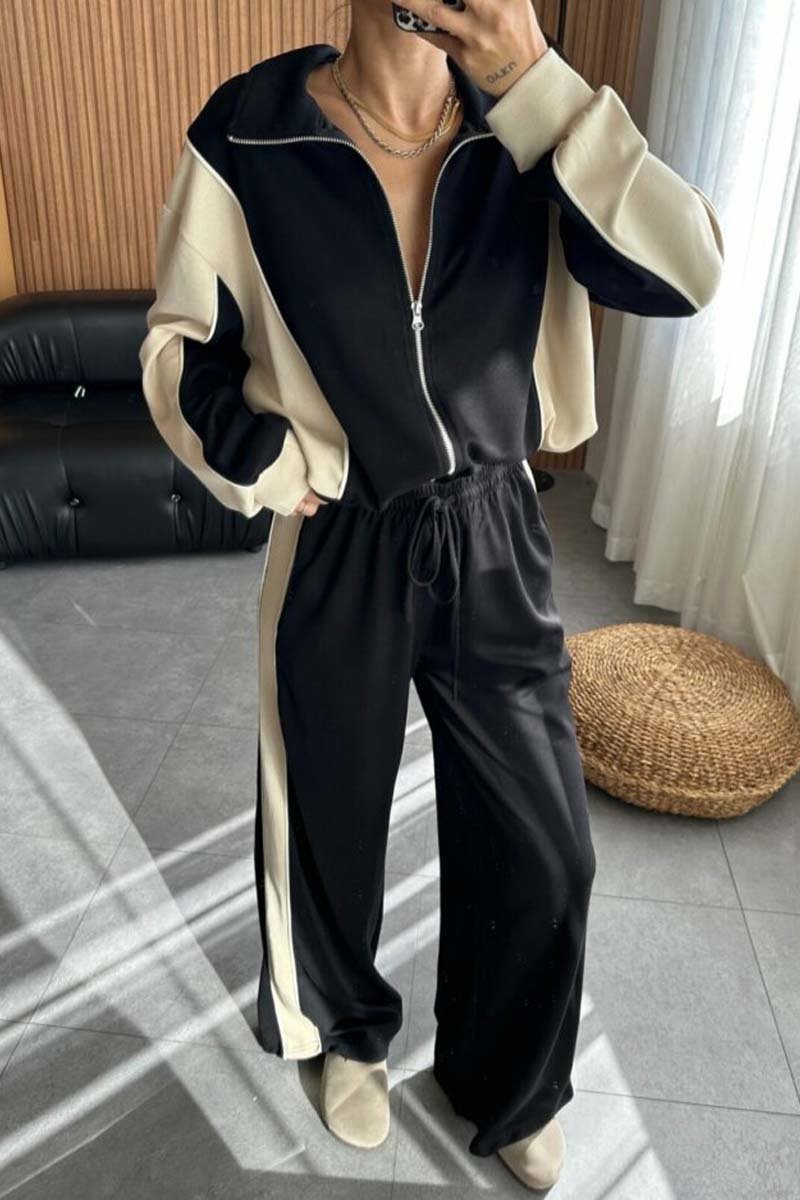 Women's fashion color matching two piece sets black