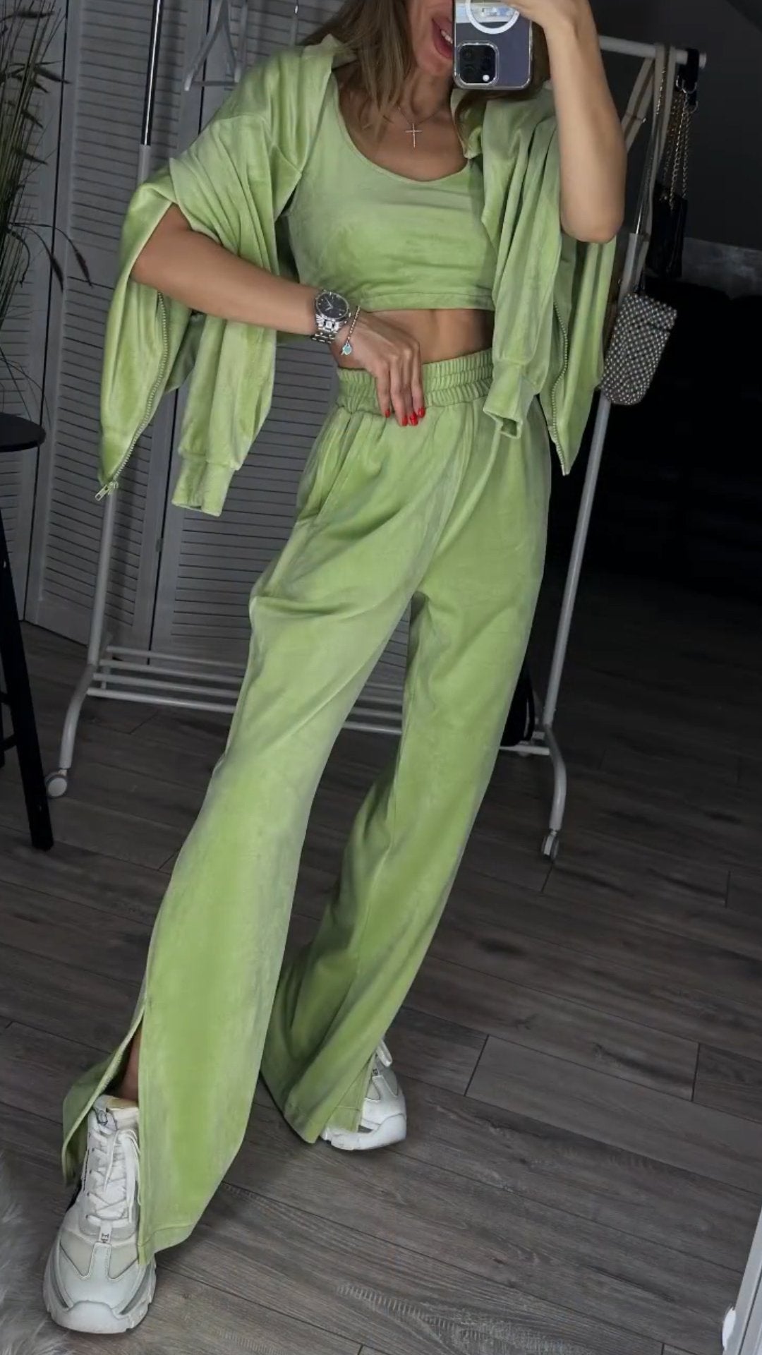 Women's Solid Color Hoodies and Trousers Two-piece Set green