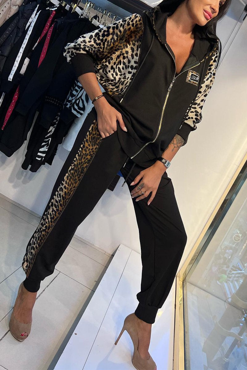 Women's Casual Hooded Animal Printed Two-piece Suit Leopard print