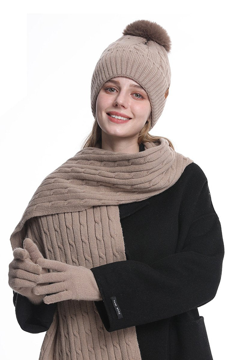 Knitted Hat, Double-layer Fleece Warm Wool Scarf, Gloves, Three-piece Set khaki One size