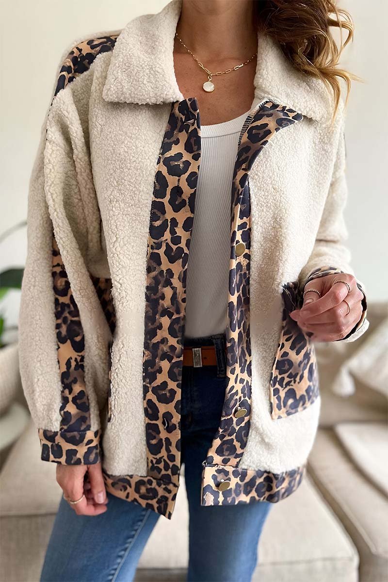 Women's Leopard Patchwork Plush Lapel Jacket Apricot