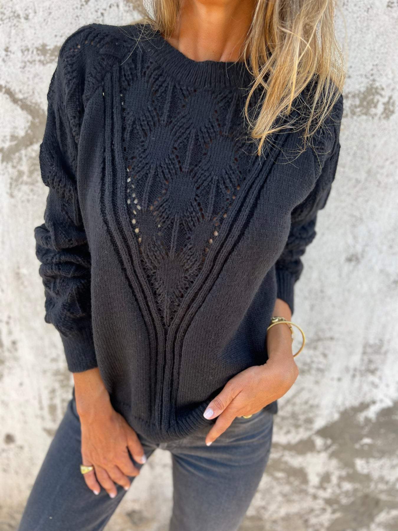 Casual Round Neck Hollow Knit Top