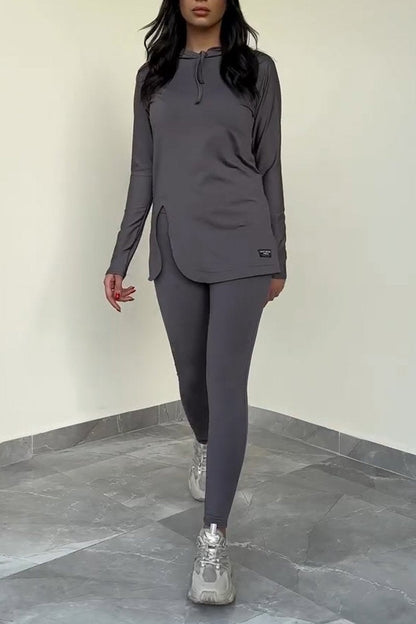 Women's Casual Hooded Solid Color Sports Two-piece Suit Gray