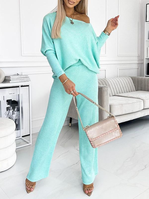 Women's Crew Neck Long Sleeve Casual Suit cyan