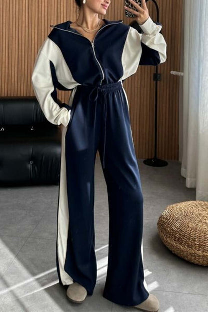 Women's fashion color matching two piece sets blue