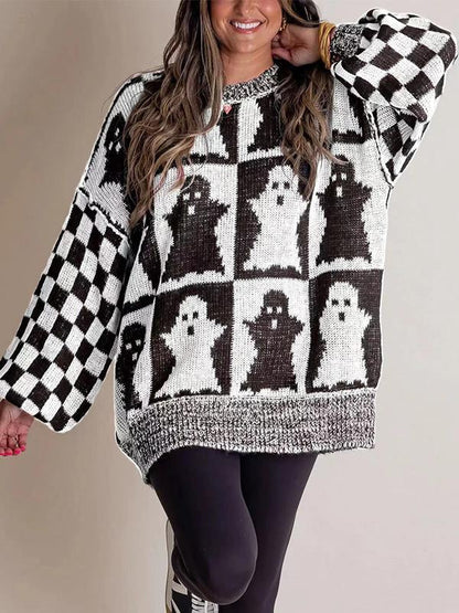 Women's Round-neck Halloween Loose Knitted Sweater white