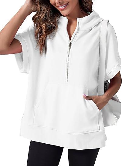 Women's Hooded Short-sleeved Half-zip Top White