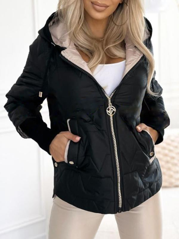 Women's Hooded Zipper Side Button Design Casual Coat black