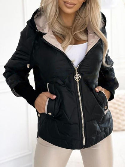 Women's Hooded Zipper Side Button Design Casual Coat black