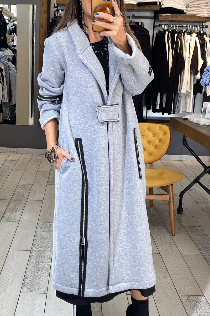 Women's V-neck Long-sleeved Trench Coats bright-gray