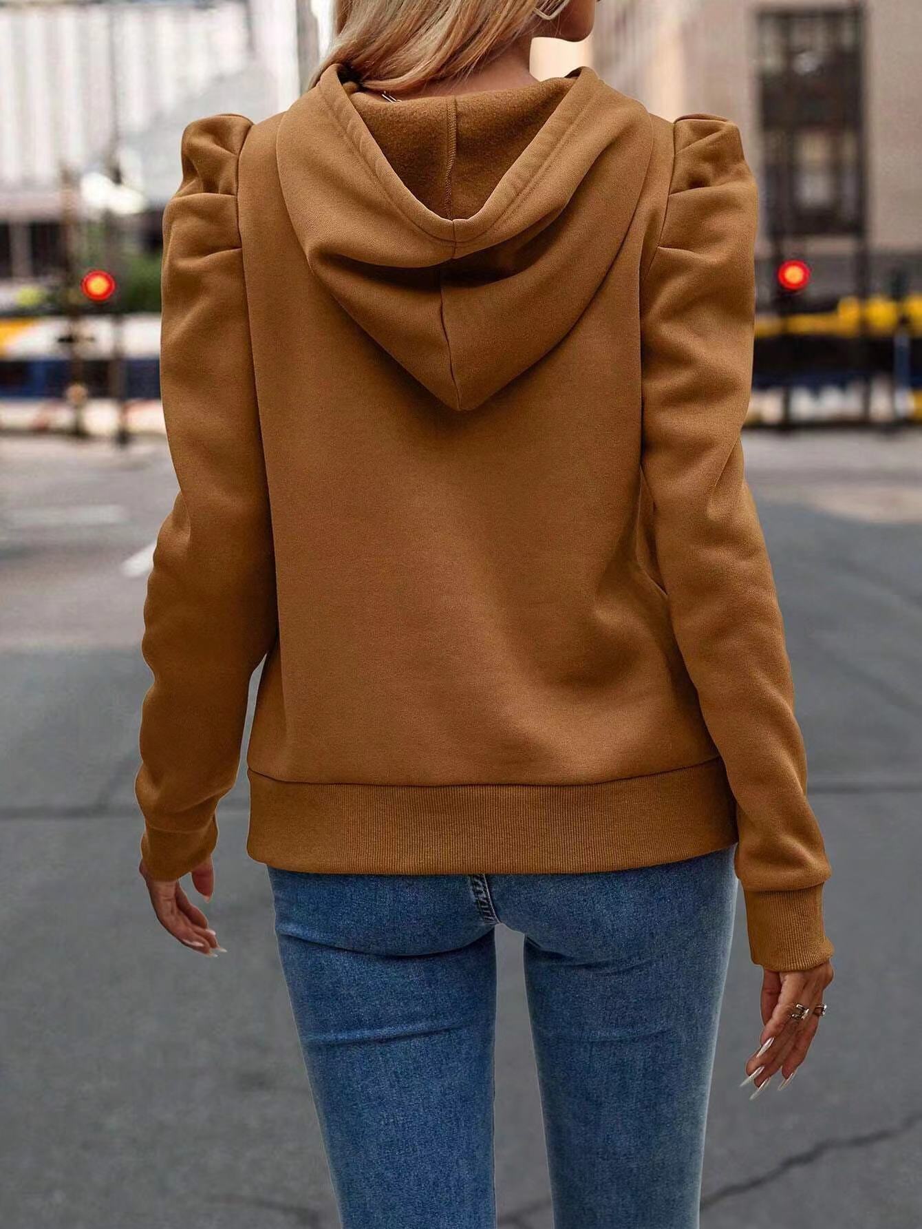 Fashionable Pile Collar Hooded Solid Color Long-sleeved Pullover Sweatshirt