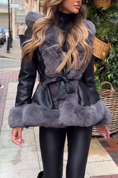 Women's fashionable hooded fur patchwork leather jacket