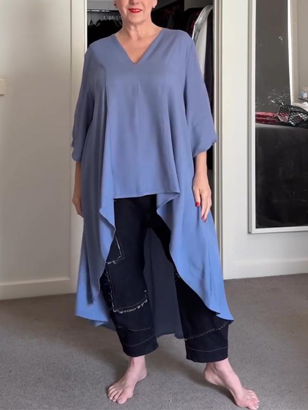 Women's Casual V-neck Long Top with Long Front and Short Back blue