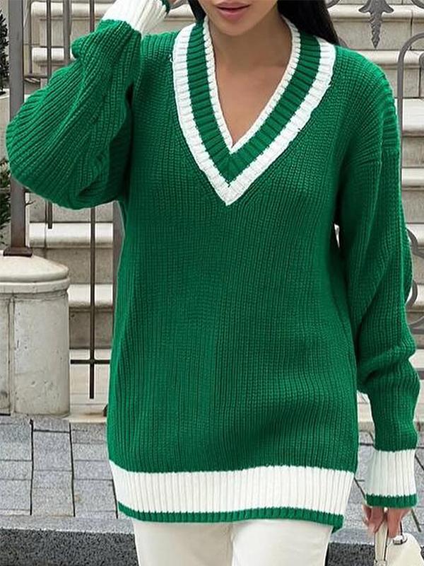 Women's V-neck Long Sleeve Knitted Sweater green