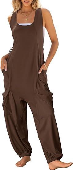 Women's Round Sleeveless Casual Jumpsuit brown