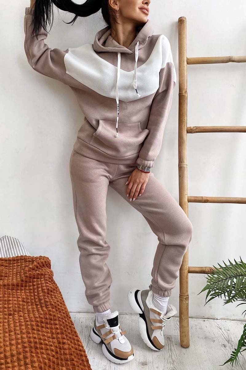 Women's Athleisure Contrast Color Sweatshirt Hooded Suit Khaki