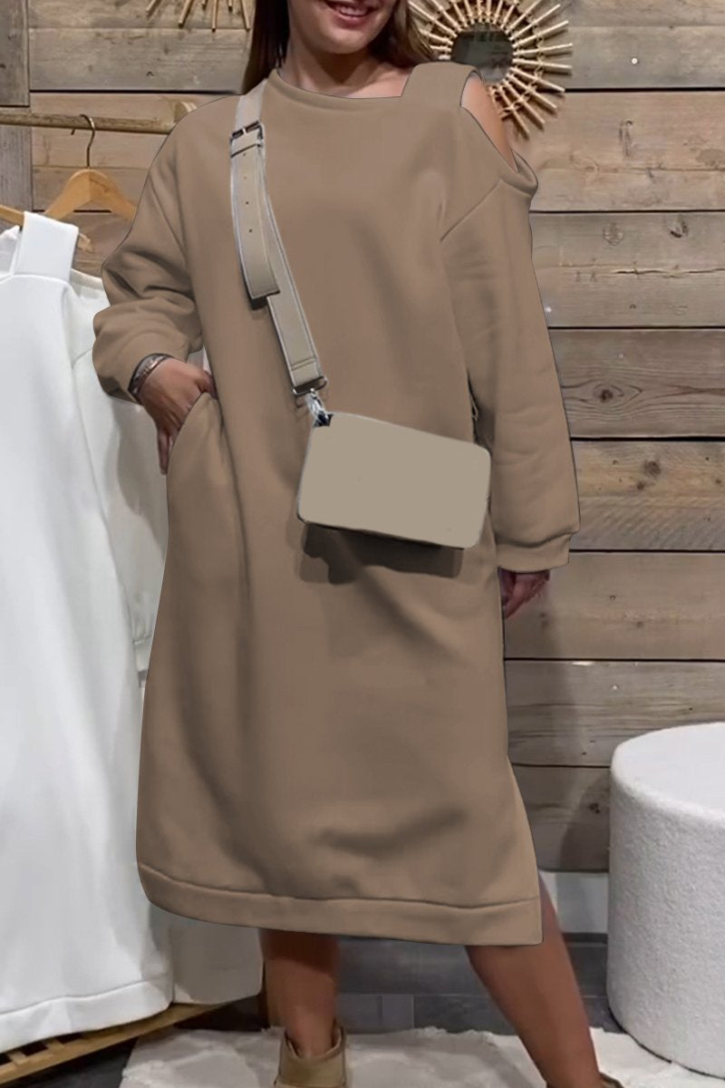 Women's Casual Solid Color Off-shoulder Long-sleeved Dress khaki