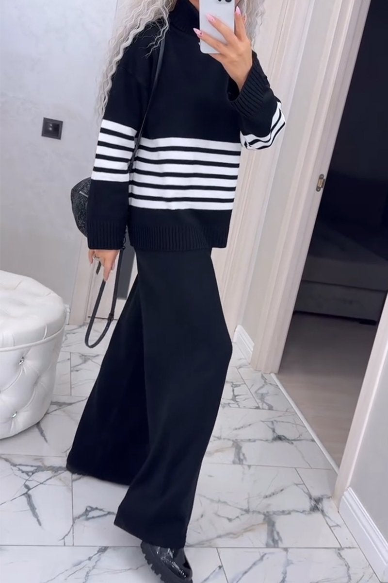 Women's Casual Knit Stripe Long Sleeve Two-Piece Set black