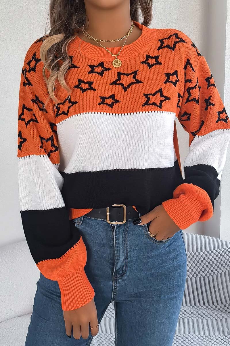 Women's casual color block star hollow lantern sleeve pullover sweater Orange