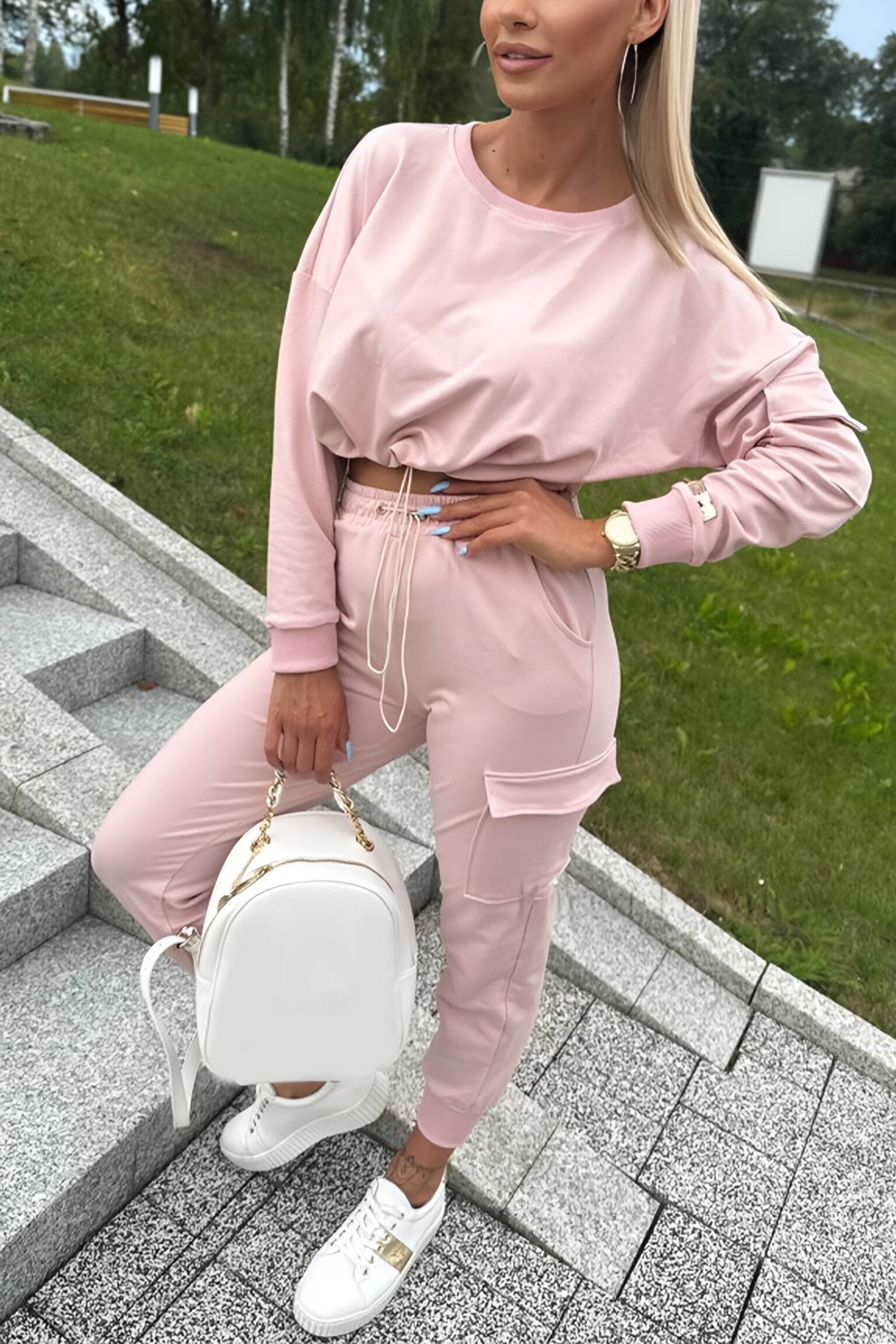 Women's Casual Round Neck Long Sleeve Two Piece Suit light pink