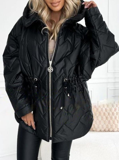 Women's Hooded Drawstring Design Casual Cotton Coat black