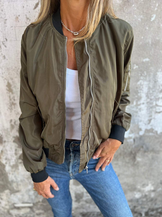 Round Neck Zippered Long Sleeve Jacket Army green