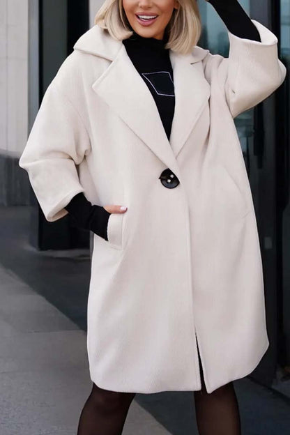 Women's casual loose solid color mid-length woolen coat Off White