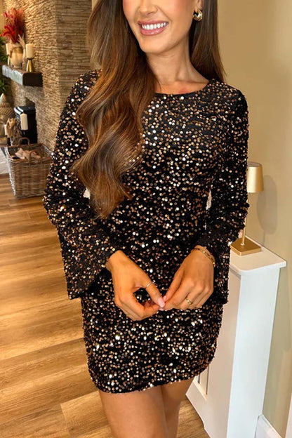 Women's Fashionable Sequin Bell Sleeve Dress Black Gold