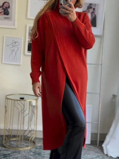 Women's Turtleneck Long Sleeve Slit Sweater red