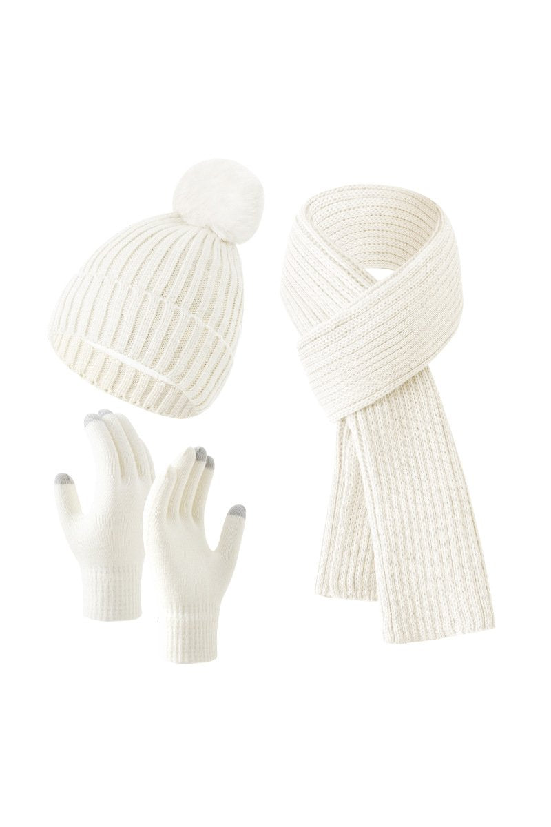 Knitted Hat, Double-layer Fleece Warm Wool Scarf, Gloves, Three-piece Set white-A One size