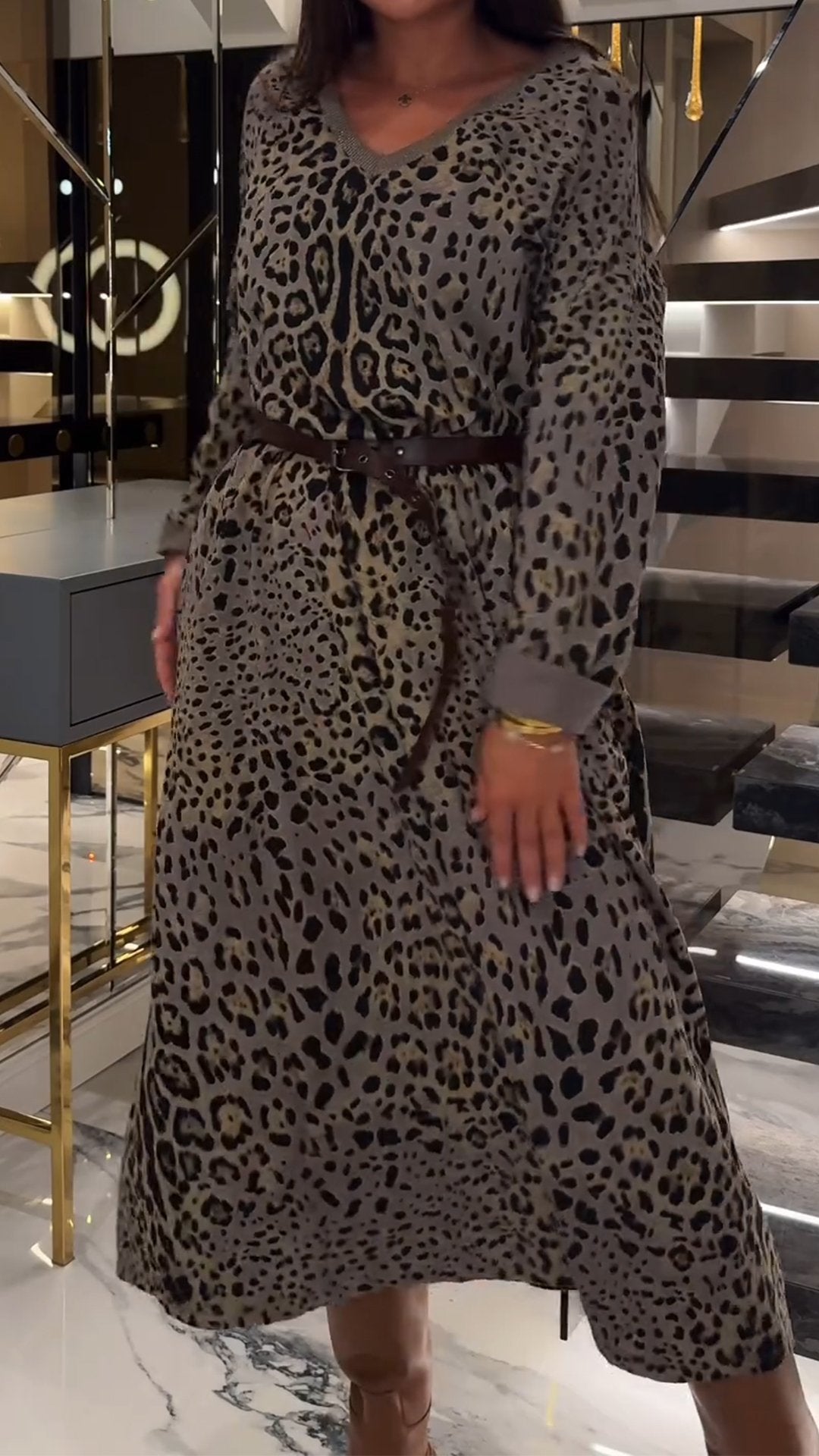 Women's Casual Leopard Print Long Sleeve Dress