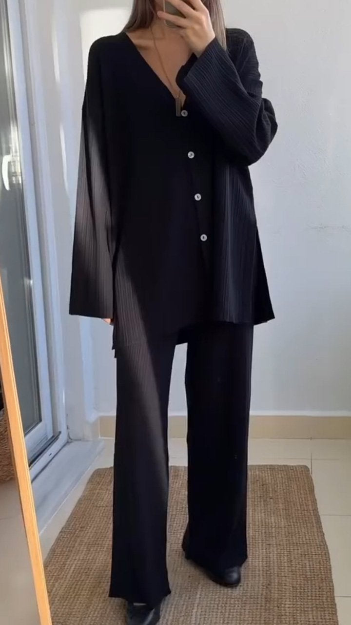 Women's Breasted Loose Casual Knit Suit Black