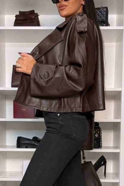 Women's Casual Lapel Short PU Leather Jacket