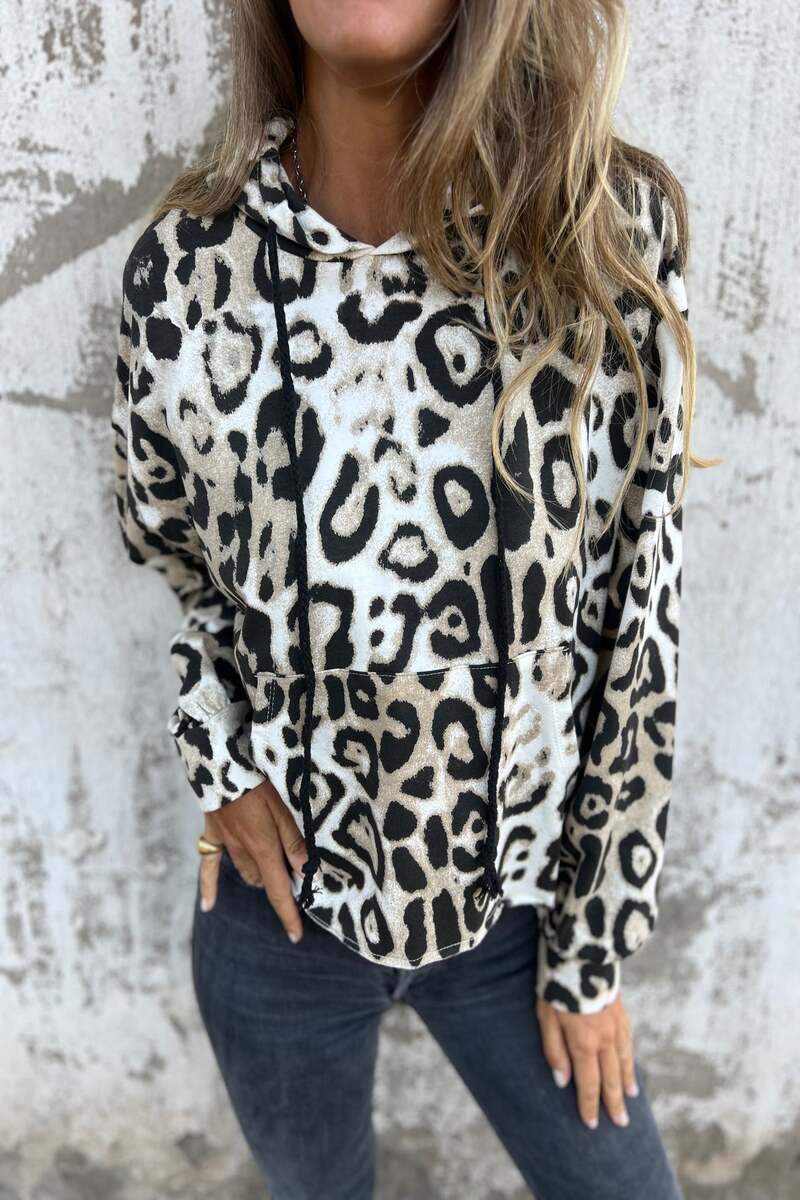 Women 's Leopard Print Hooded Long Sleeved Hoodie Top white