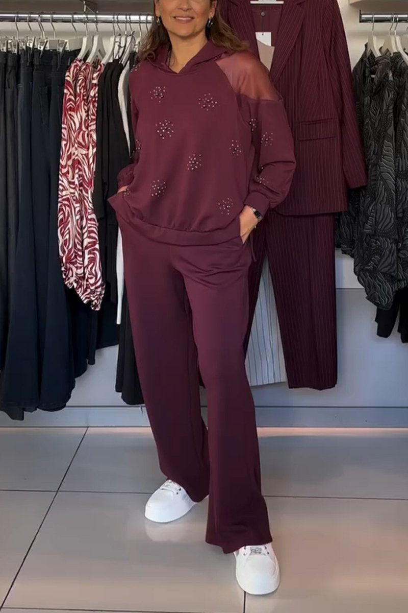 Women's Casual Hooded Shiny Sweatshirt Two-piece Set wine red