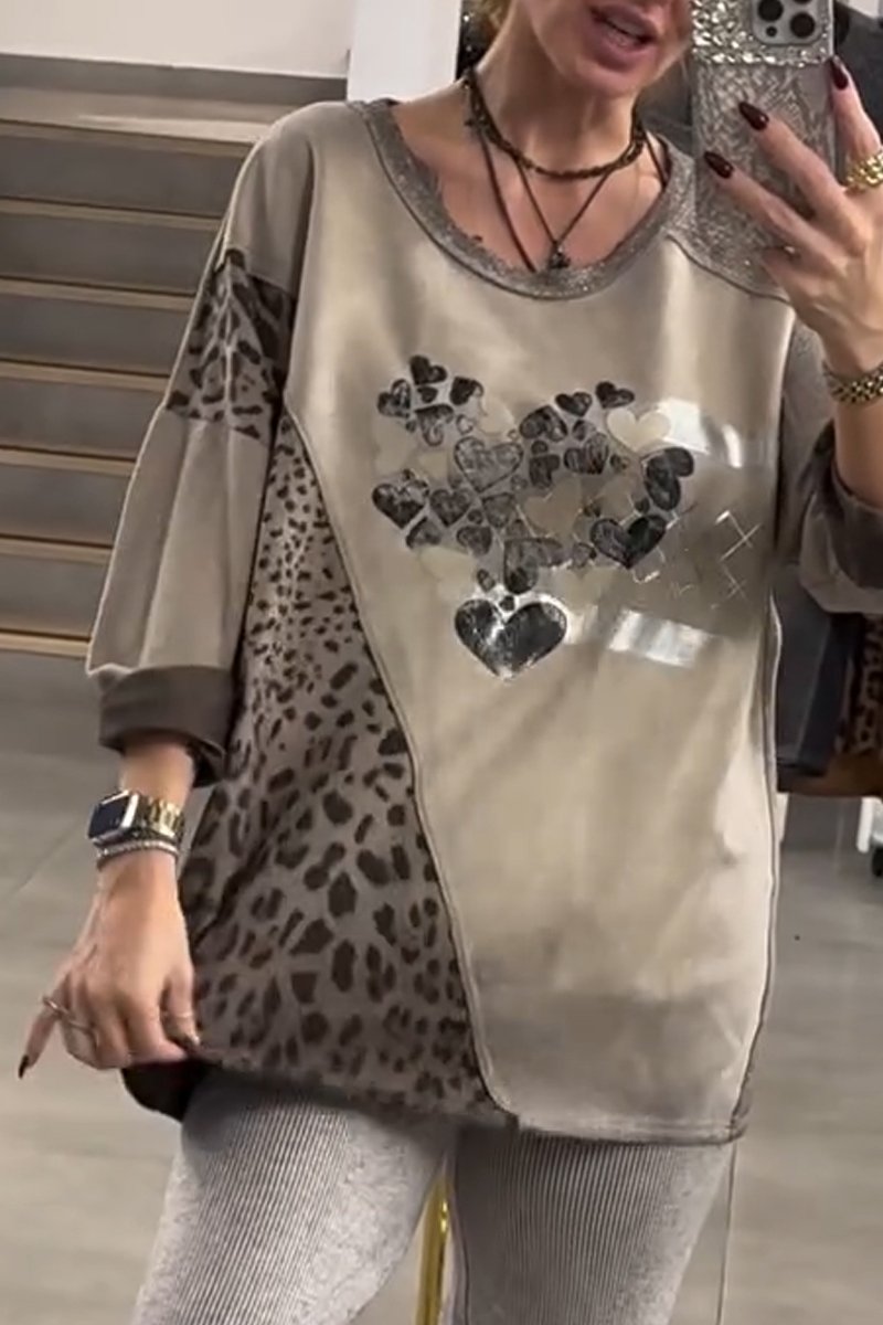 Women's Fashion Leopard Print Silver Silk Fabric Splicing Heart Pattern Round Neck Top