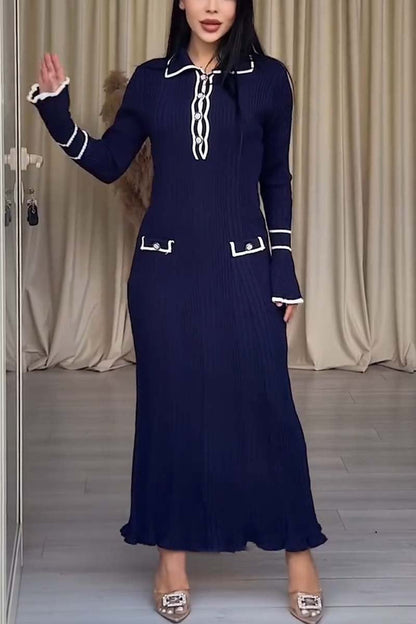 Women's Elegant Slim Contrast Bell Sleeve Knitted Dress Dark Blue