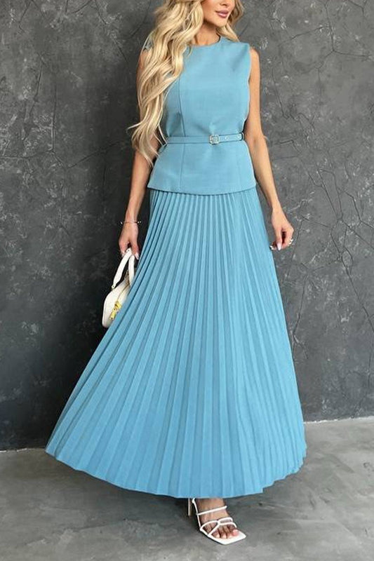 Women's Fashion Round Neck Vest + Pleated Skirt Two-piece Set