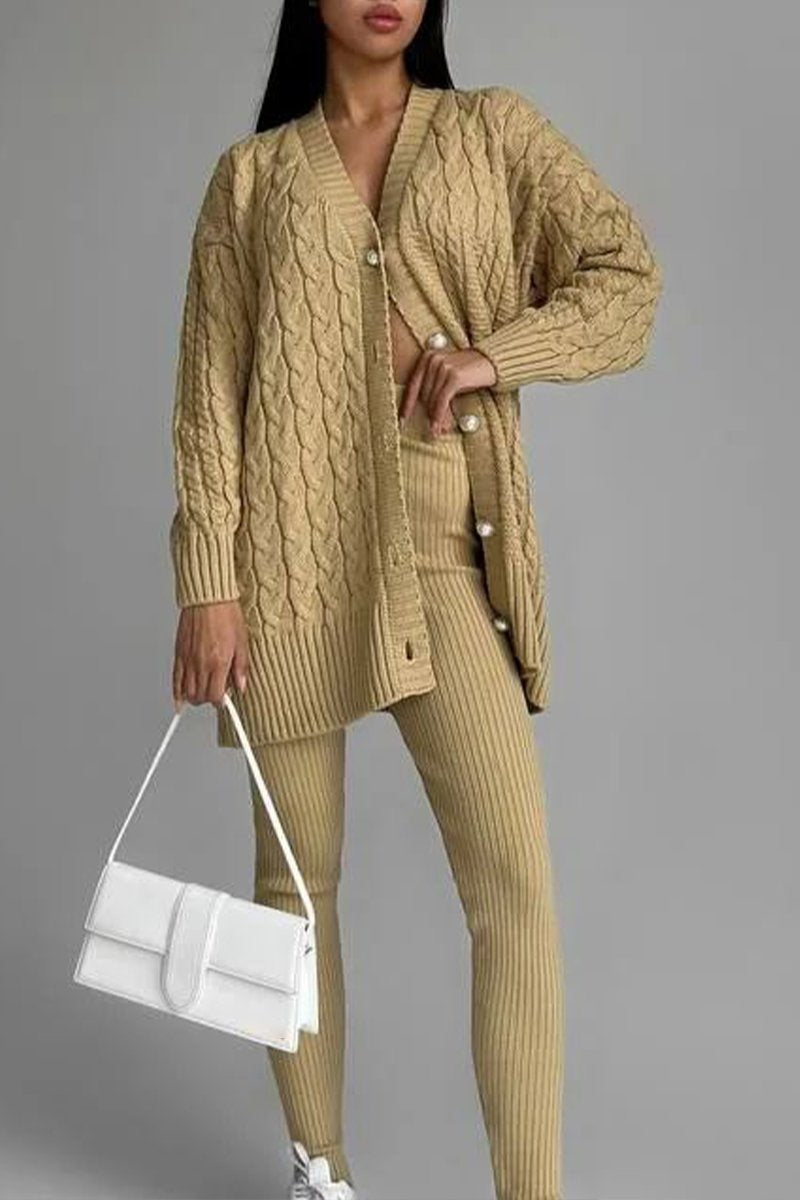 Women's V-neck Long-sleeved Sweater Casual Suit yellow